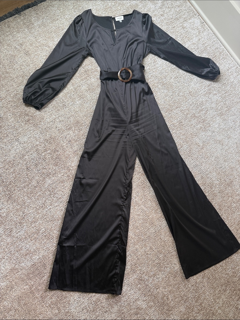 Aura Black Long Sleeve Belted Maxi Dress with Round Buckle